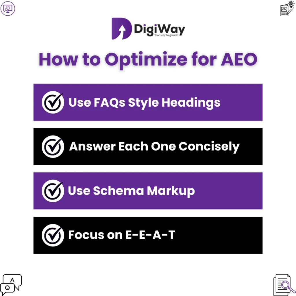 How to optimize for AEO with FAQ-style headings, concise answers, schema markup, and E-E-A-T focus.