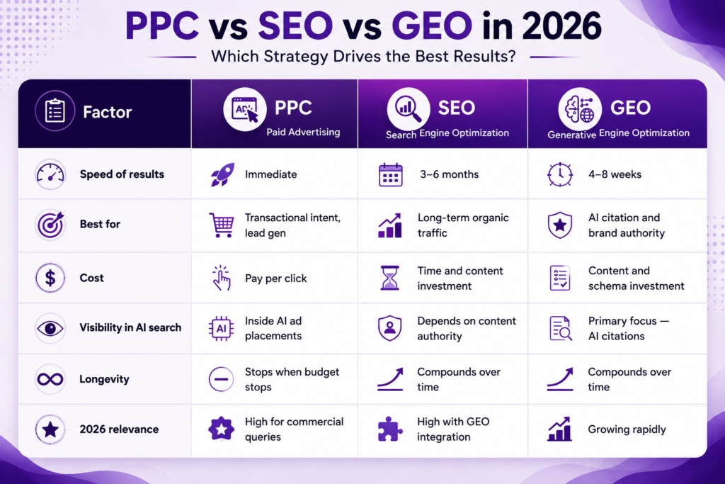 PPC vs SEO vs GEO comparison table showing speed, cost, and AI visibility differences for digital marketing in 2026