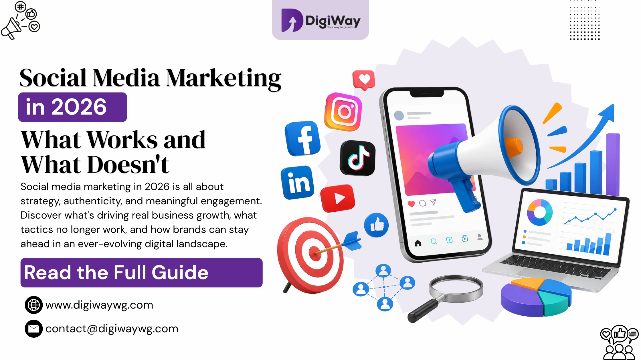 DigiWay image showing social media marketing guide for 2026 with platform icons including Instagram, Facebook, TikTok, LinkedIn and YouTube alongside analytics charts and growth arrows